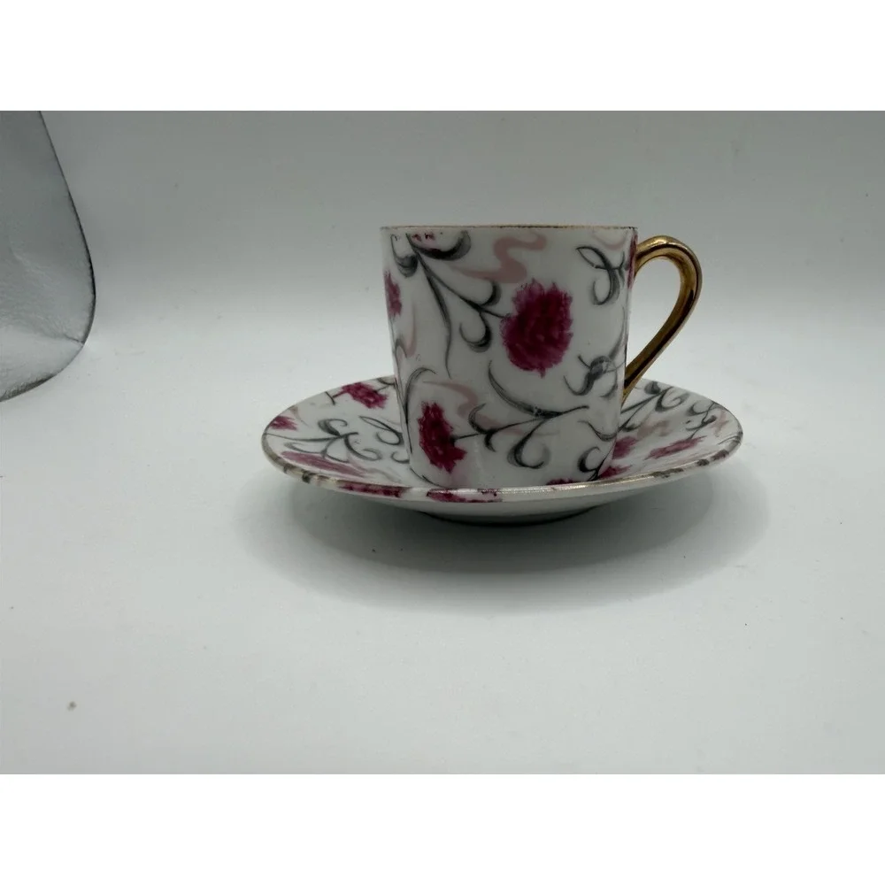 Vintage Carnation 6086 Porcelain Demitasse Cup Saucer Pink Floral Gold Trim
